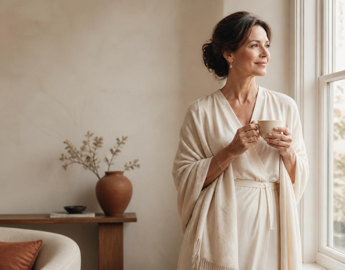 A woman in her fifties standing by a sunlit window with a cup of tea